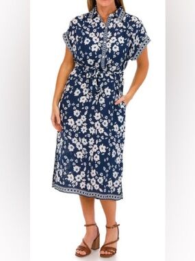 Max Studio Navy Blue Floral Tie-Waist Midi Dress with Pockets
